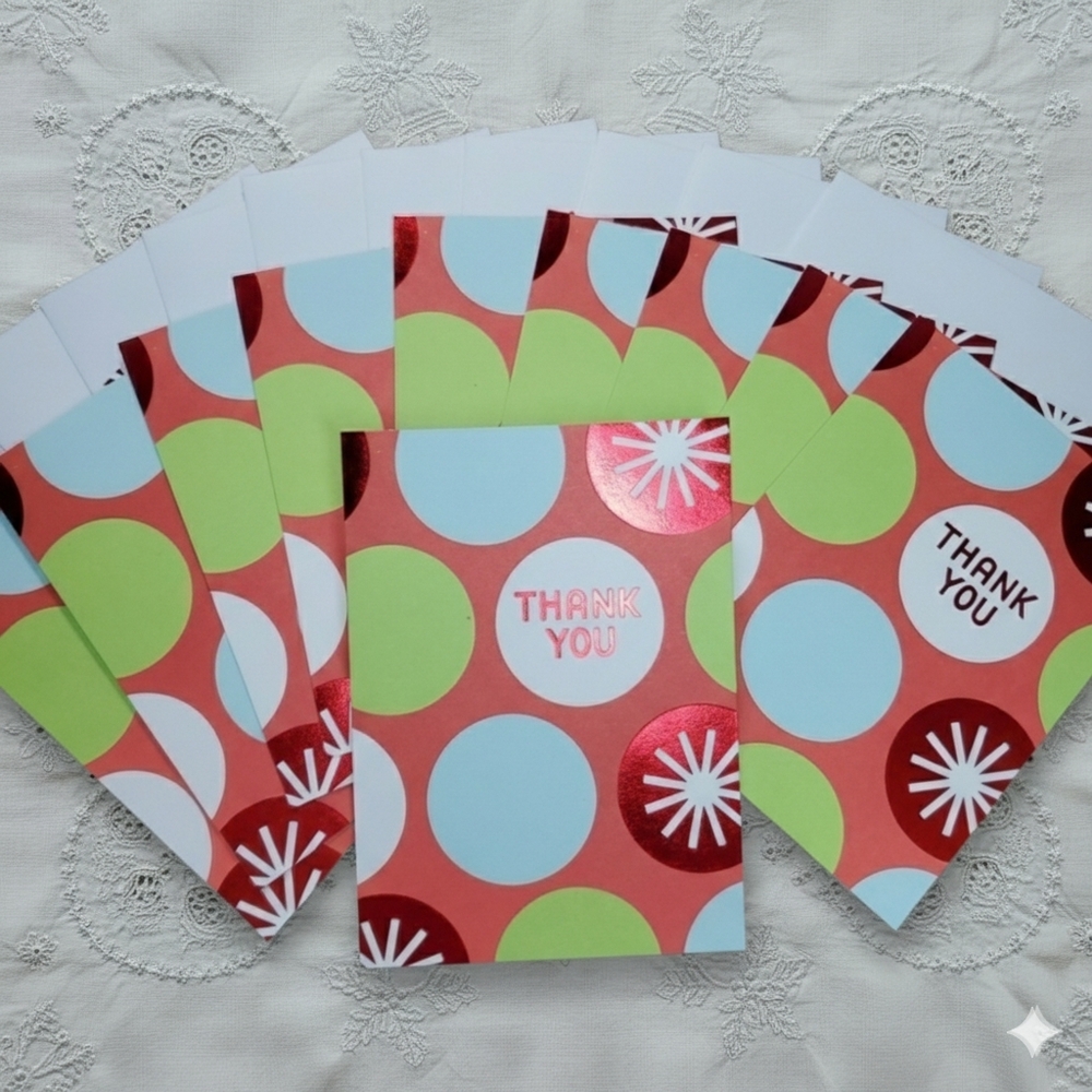 10 Thank You Blank Greeting Cards Red Polka Dots Blue Birthday Happy Hallmark